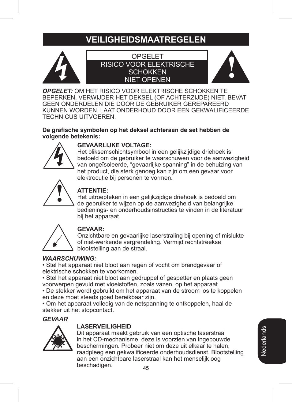 Veiligheidsmaatregelen | Lexibook RCD200TS User Manual | Page 45 / 54