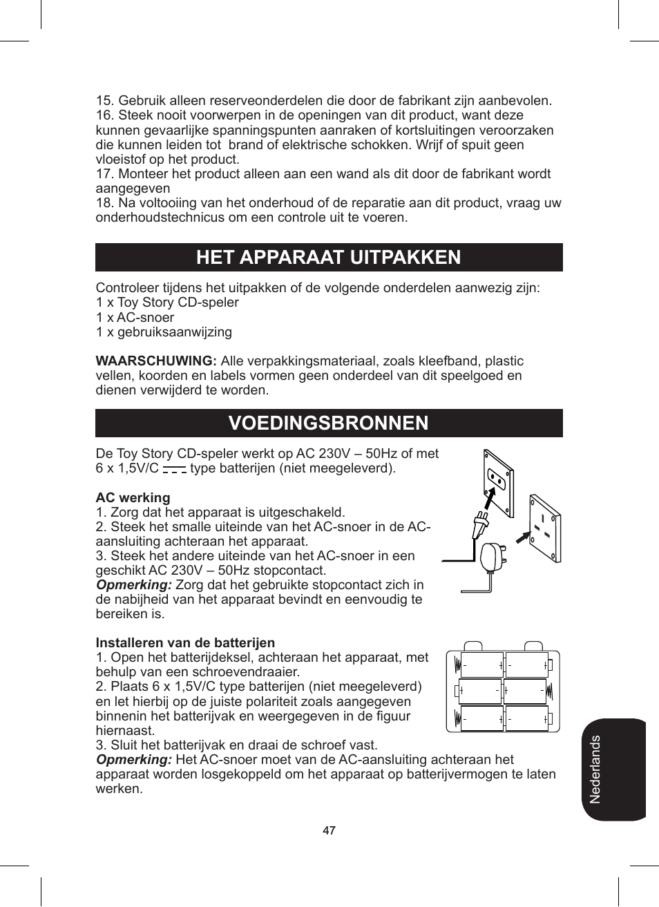 Het apparaat uitpakken voedingsbronnen | Lexibook RCD200TS User Manual | Page 47 / 54