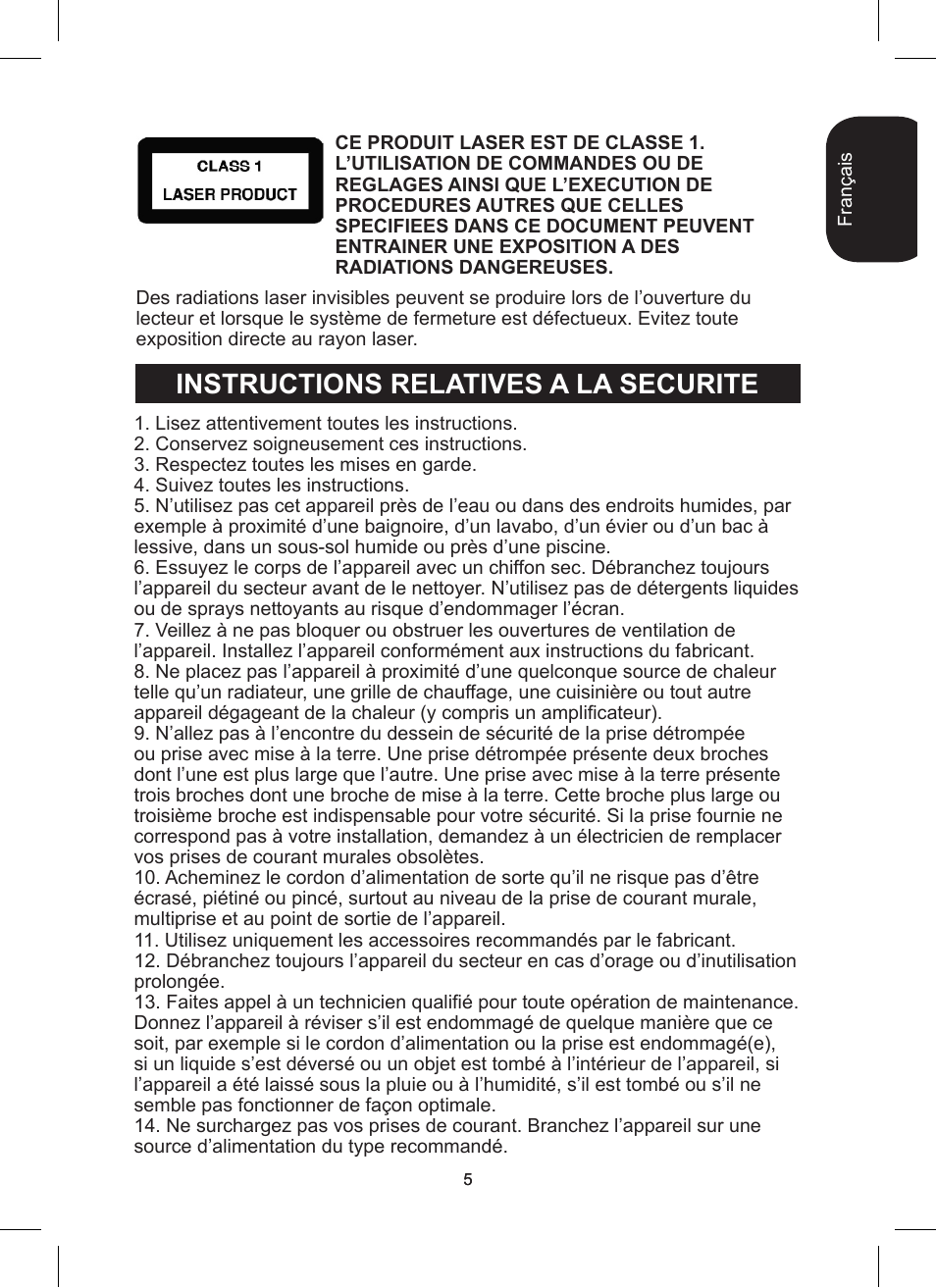 Instructions relatives a la securite | Lexibook RCD200TS User Manual | Page 5 / 54