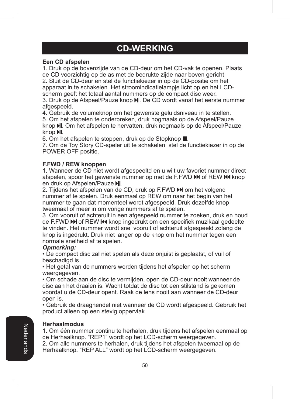 Cd-werking | Lexibook RCD200TS User Manual | Page 50 / 54