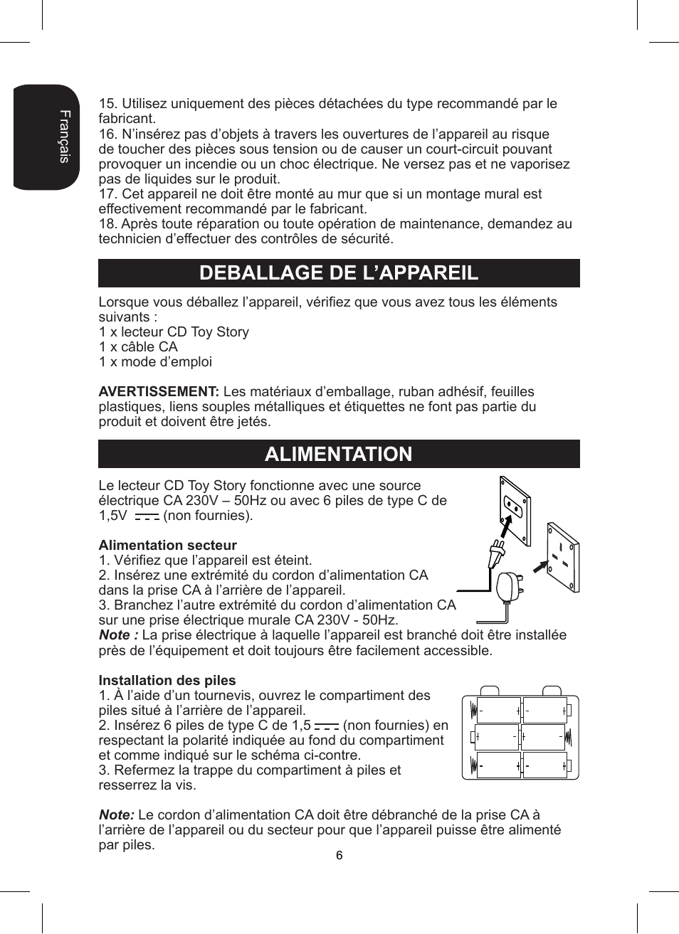 Deballage de l’appareil alimentation | Lexibook RCD200TS User Manual | Page 6 / 54