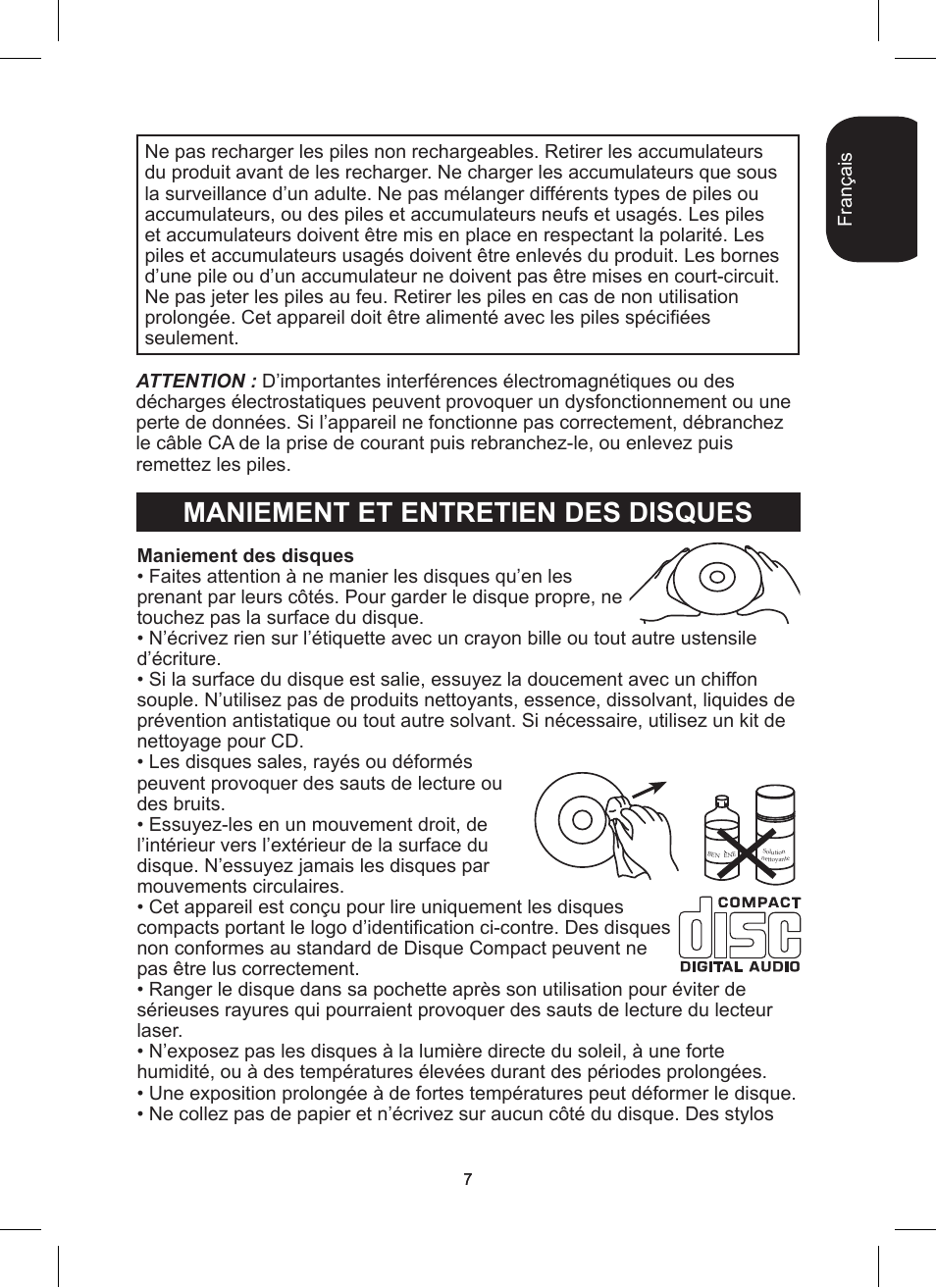 Maniement et entretien des disques | Lexibook RCD200TS User Manual | Page 7 / 54