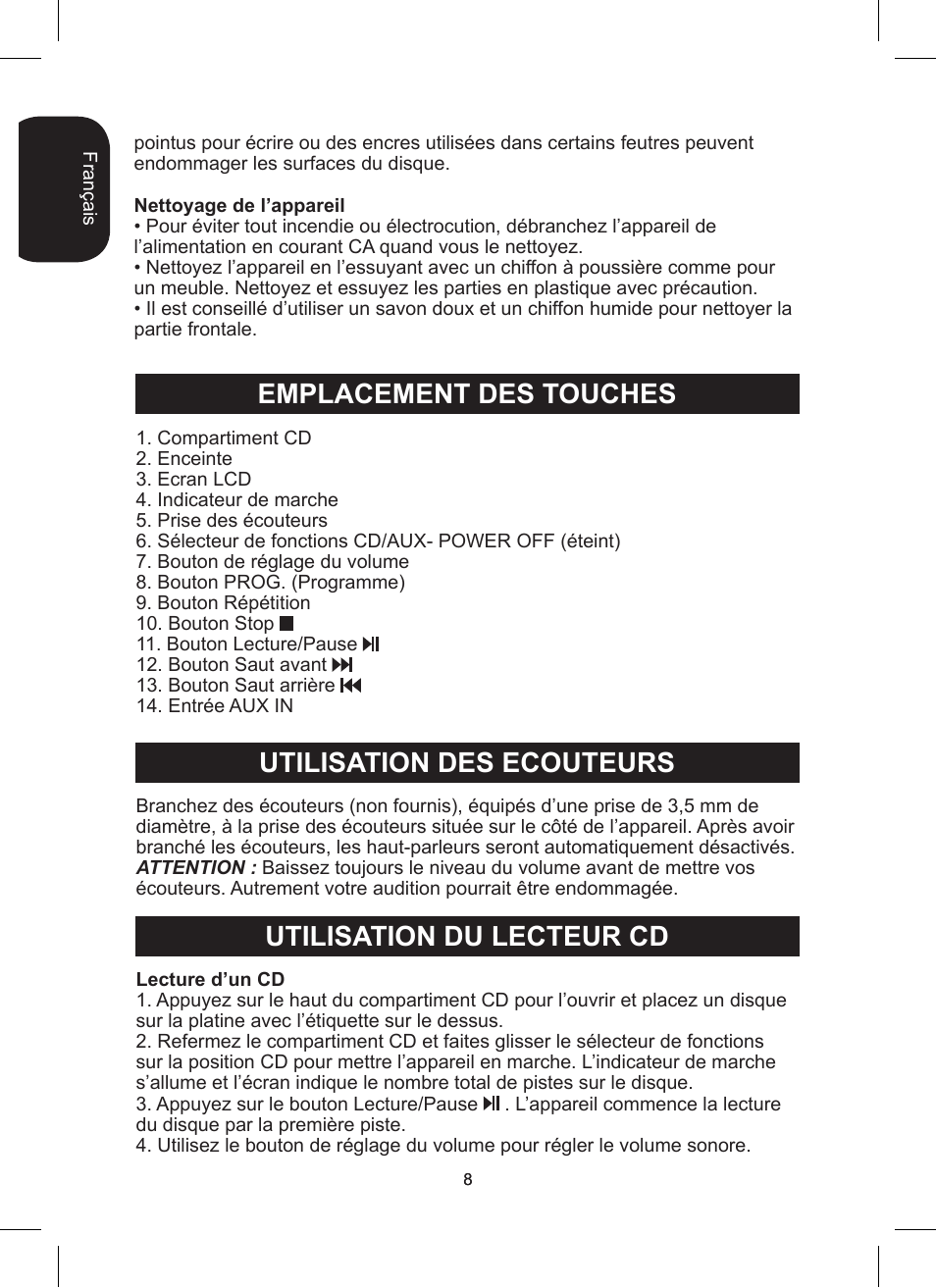 Emplacement des touches utilisation des ecouteurs, Utilisation du lecteur cd | Lexibook RCD200TS User Manual | Page 8 / 54