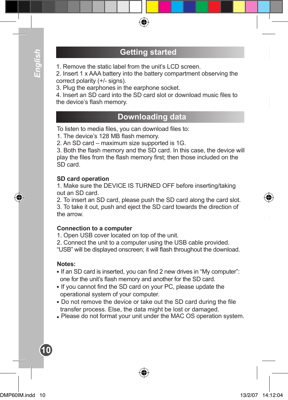 Getting started, Downloading data, English | Lexibook DMP60BB User Manual | Page 10 / 44