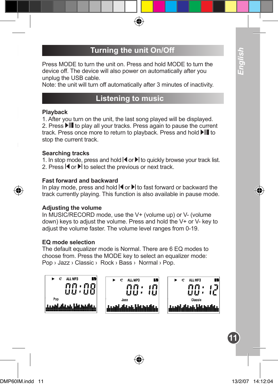Downloading data, Turning the unit on/off, Listening to music | English | Lexibook DMP60BB User Manual | Page 11 / 44