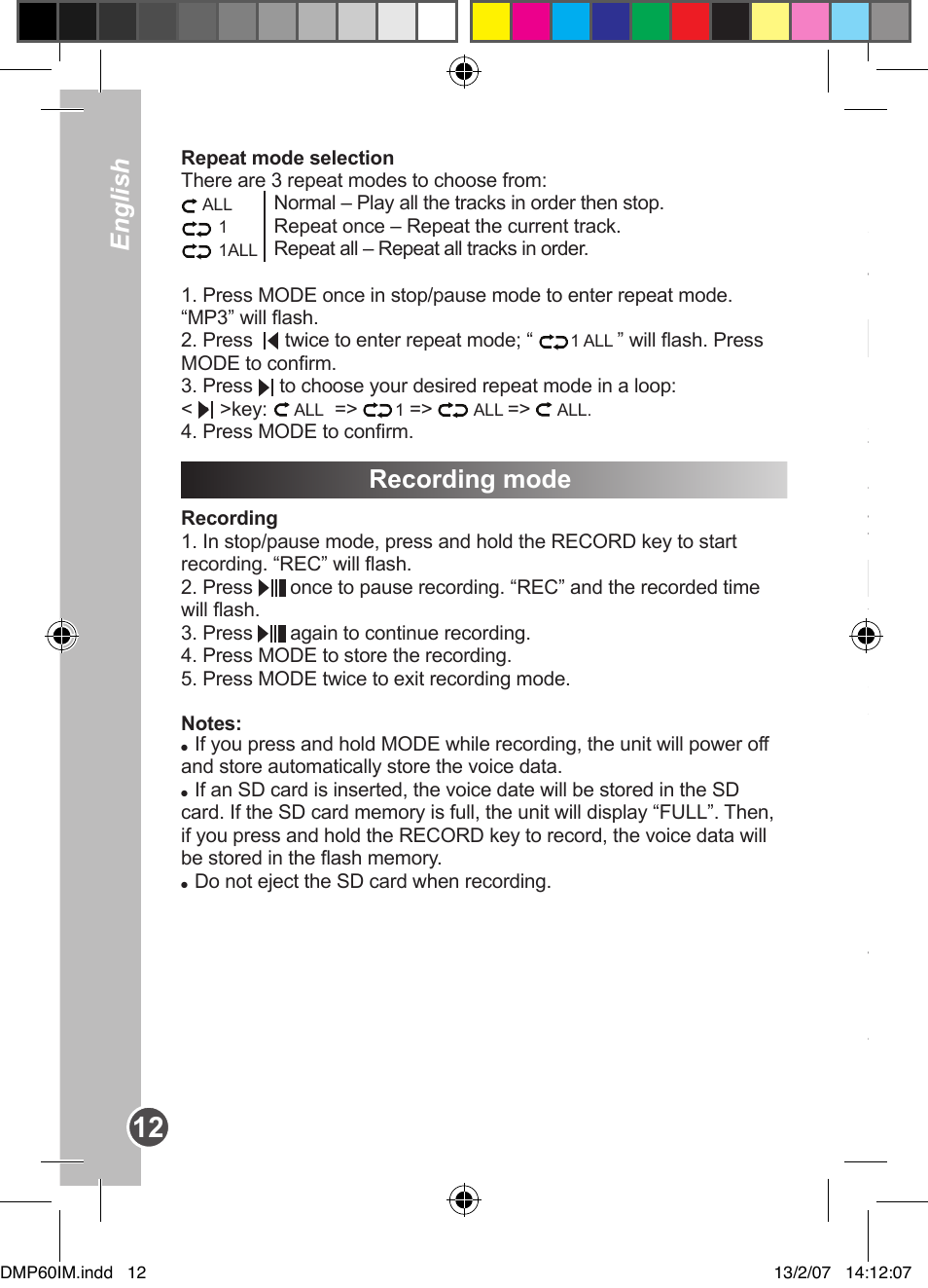 Recording mode, A-b repeat function, Delete function | English | Lexibook DMP60BB User Manual | Page 12 / 44