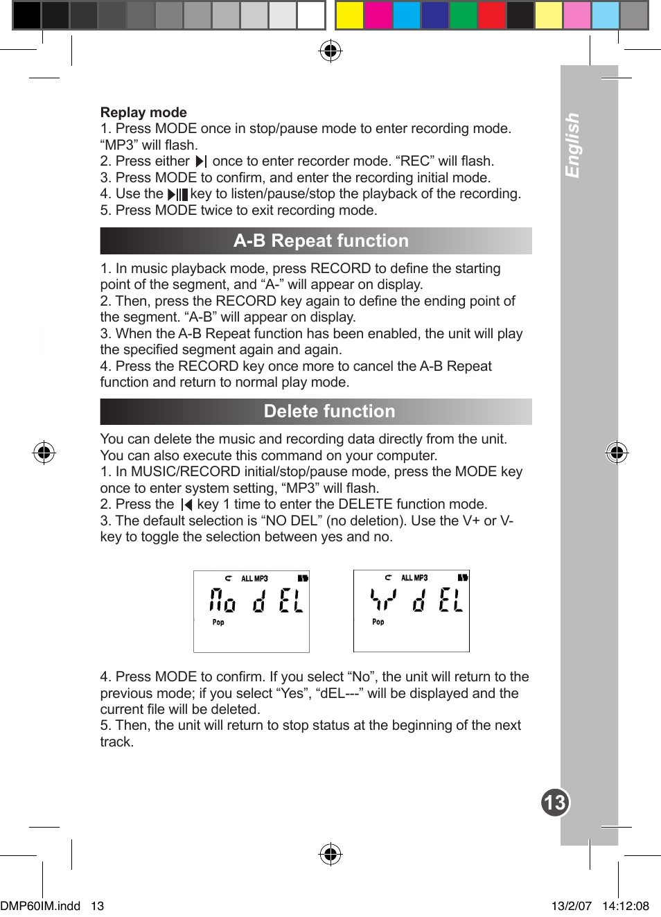 Recording mode, A-b repeat function, Delete function | English | Lexibook DMP60BB User Manual | Page 13 / 44