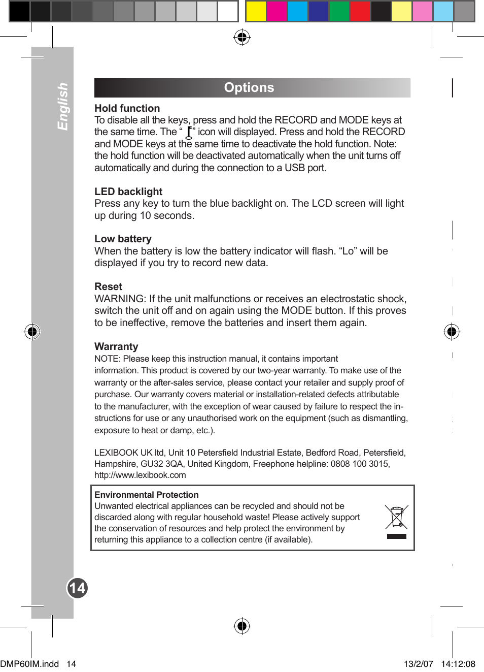 Options introducción, Descripción de la unidad, Español english | Lexibook DMP60BB User Manual | Page 14 / 44