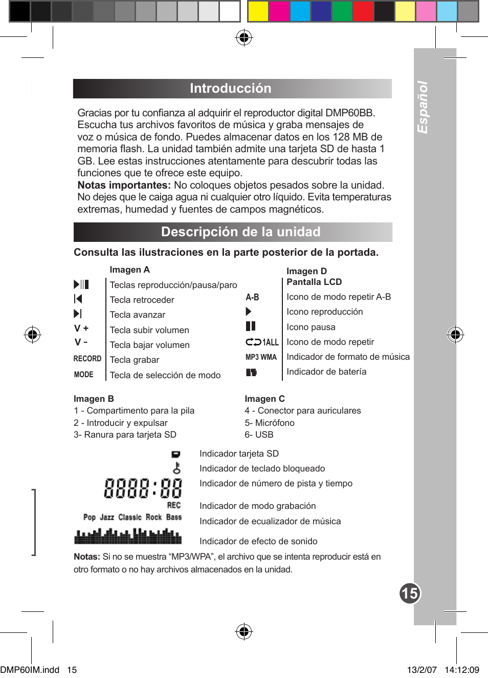 Options introducción, Descripción de la unidad, Español english | Lexibook DMP60BB User Manual | Page 15 / 44