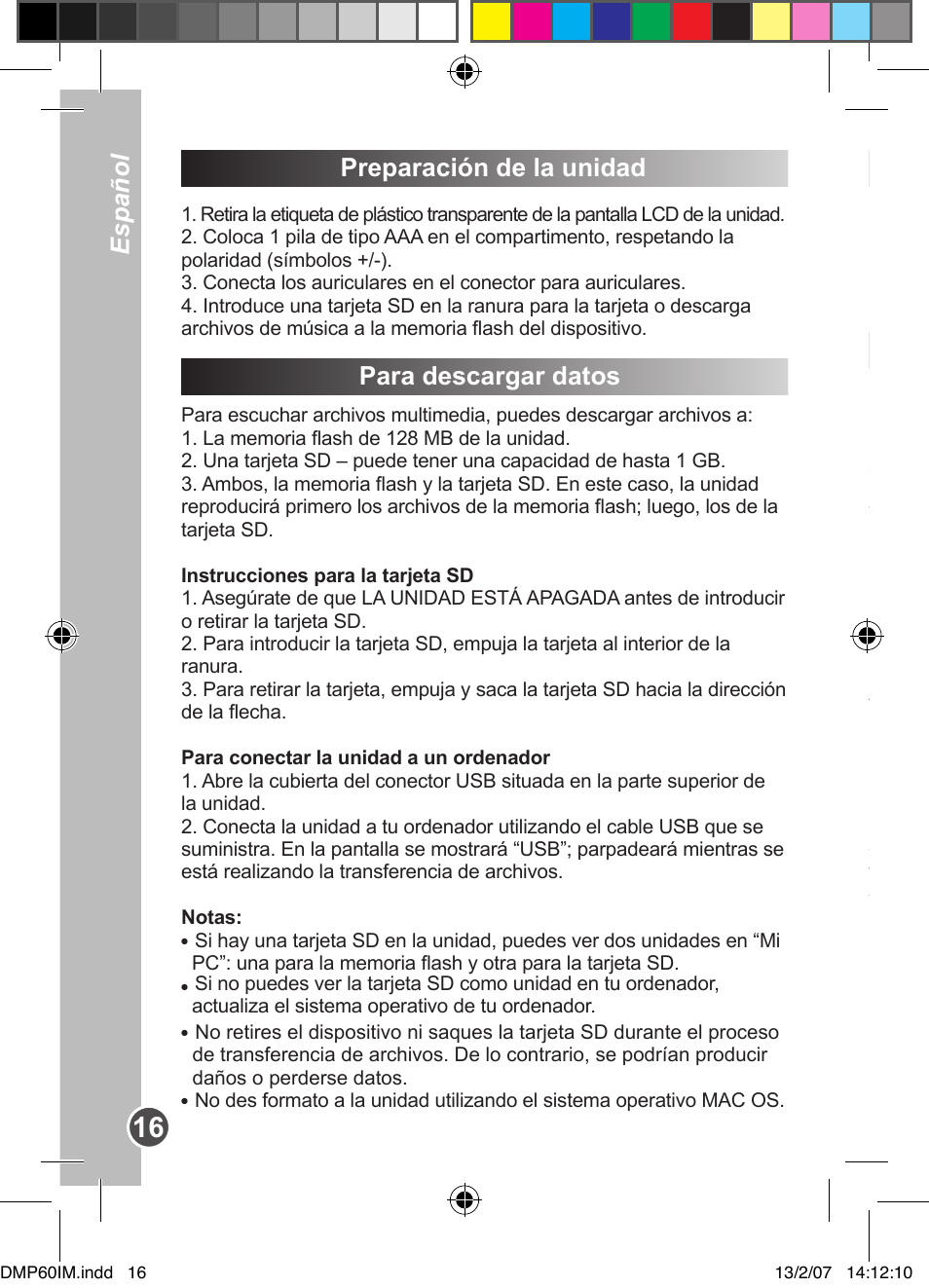 Preparación de la unidad, Para descargar datos, Español | Lexibook DMP60BB User Manual | Page 16 / 44