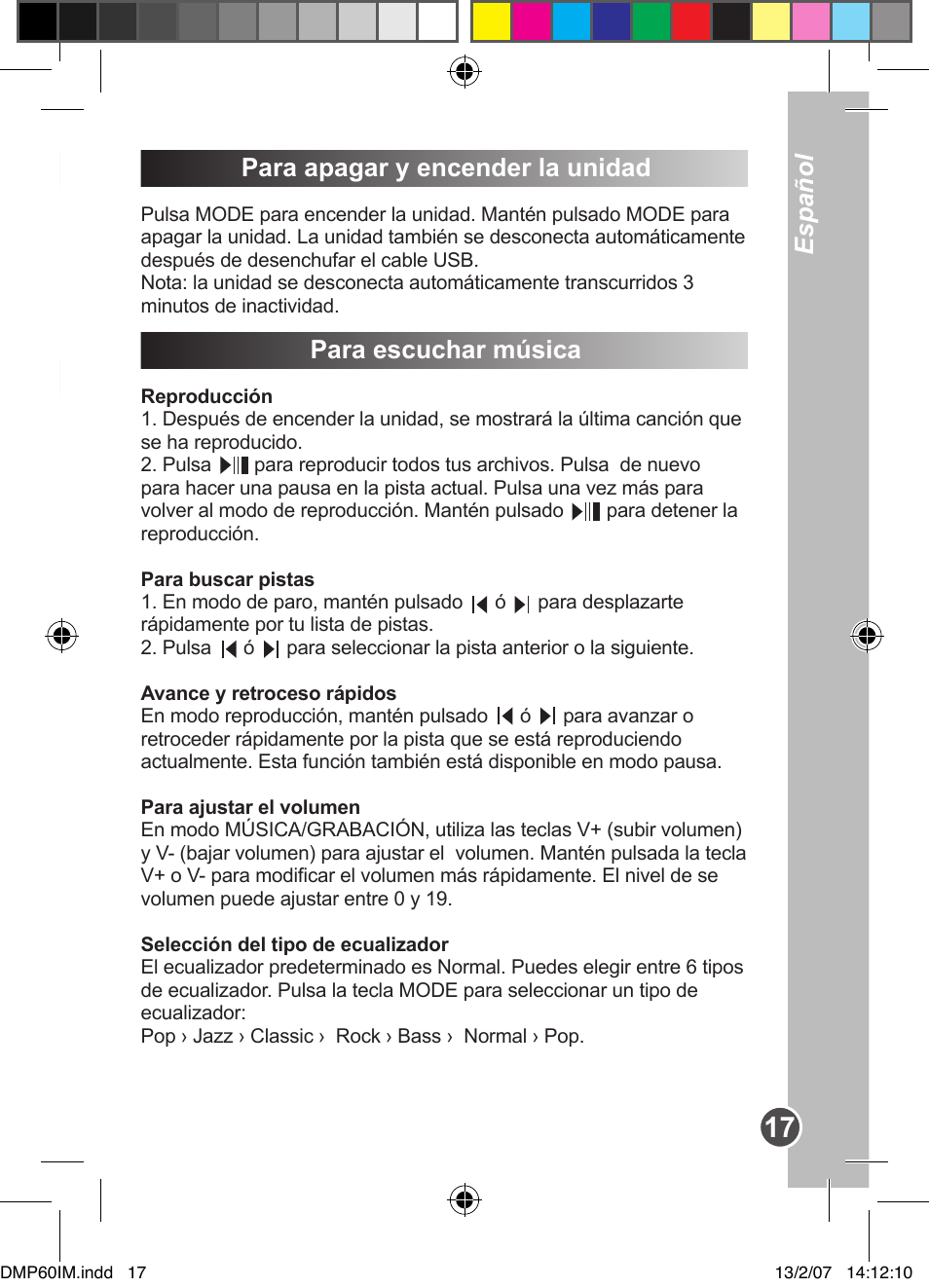 Para escuchar música, Español | Lexibook DMP60BB User Manual | Page 17 / 44