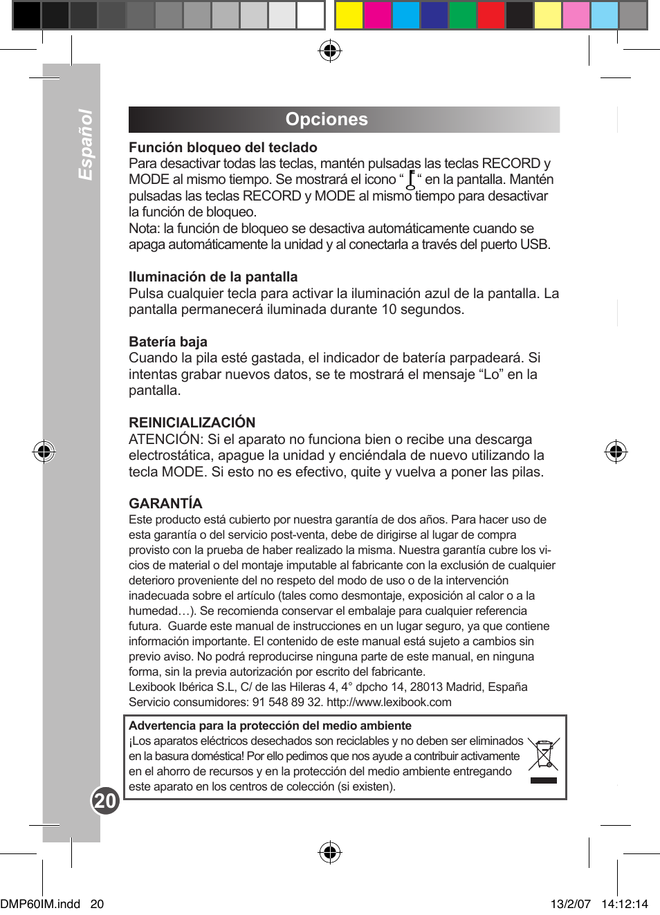 Opciones introdução descrição do produto, Português español | Lexibook DMP60BB User Manual | Page 20 / 44