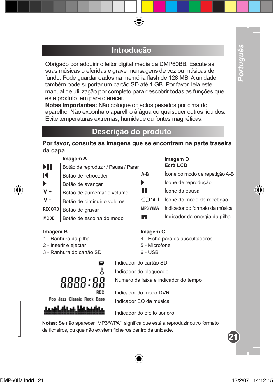Opciones introdução, Descrição do produto, Português español | Lexibook DMP60BB User Manual | Page 21 / 44