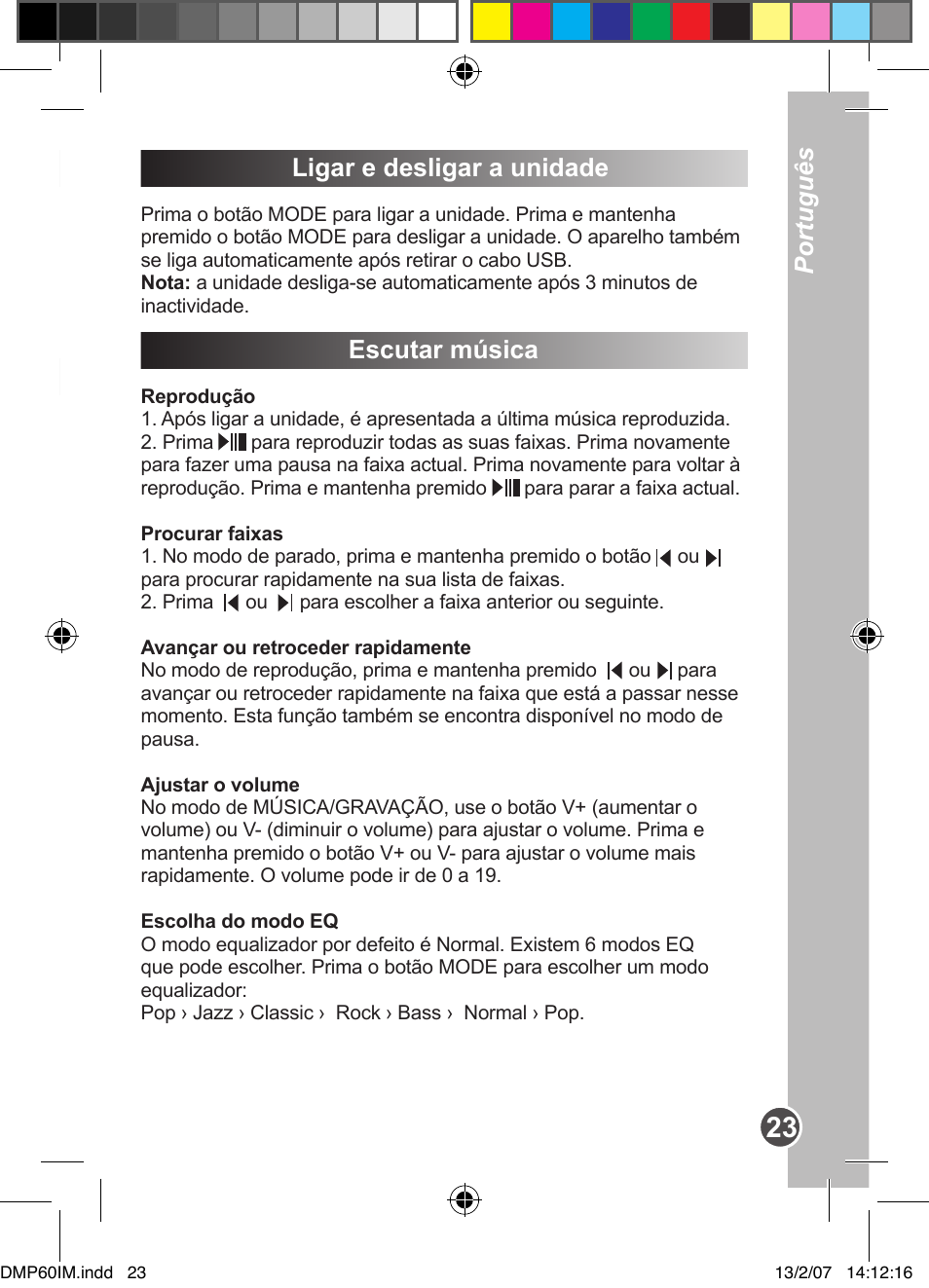 Descarregar dados ligar e desligar a unidade, Escutar música, Português | Lexibook DMP60BB User Manual | Page 23 / 44