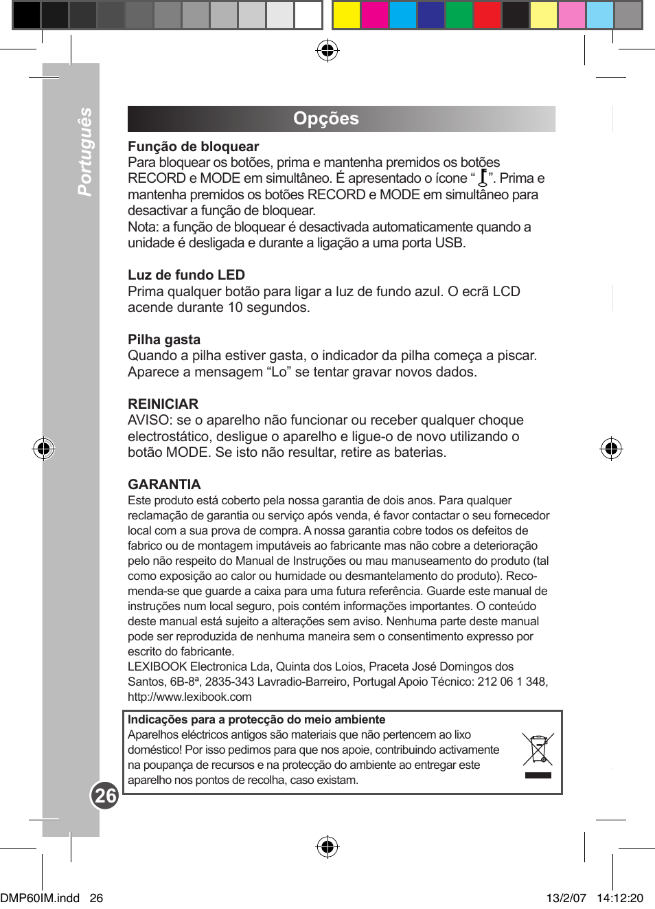 Opções introduzione descrizione del prodotto, Italiano português | Lexibook DMP60BB User Manual | Page 26 / 44
