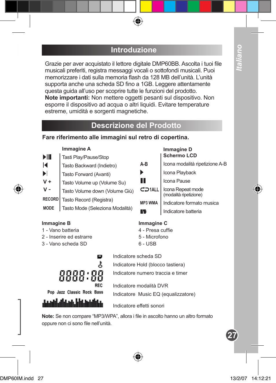 Opções introduzione, Descrizione del prodotto, Italiano português | Lexibook DMP60BB User Manual | Page 27 / 44
