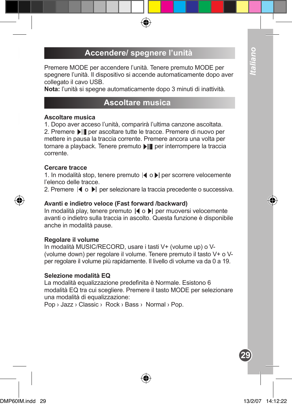 Scaricare dati accendere/ spegnere l’unità, Ascoltare musica, Italiano | Lexibook DMP60BB User Manual | Page 29 / 44