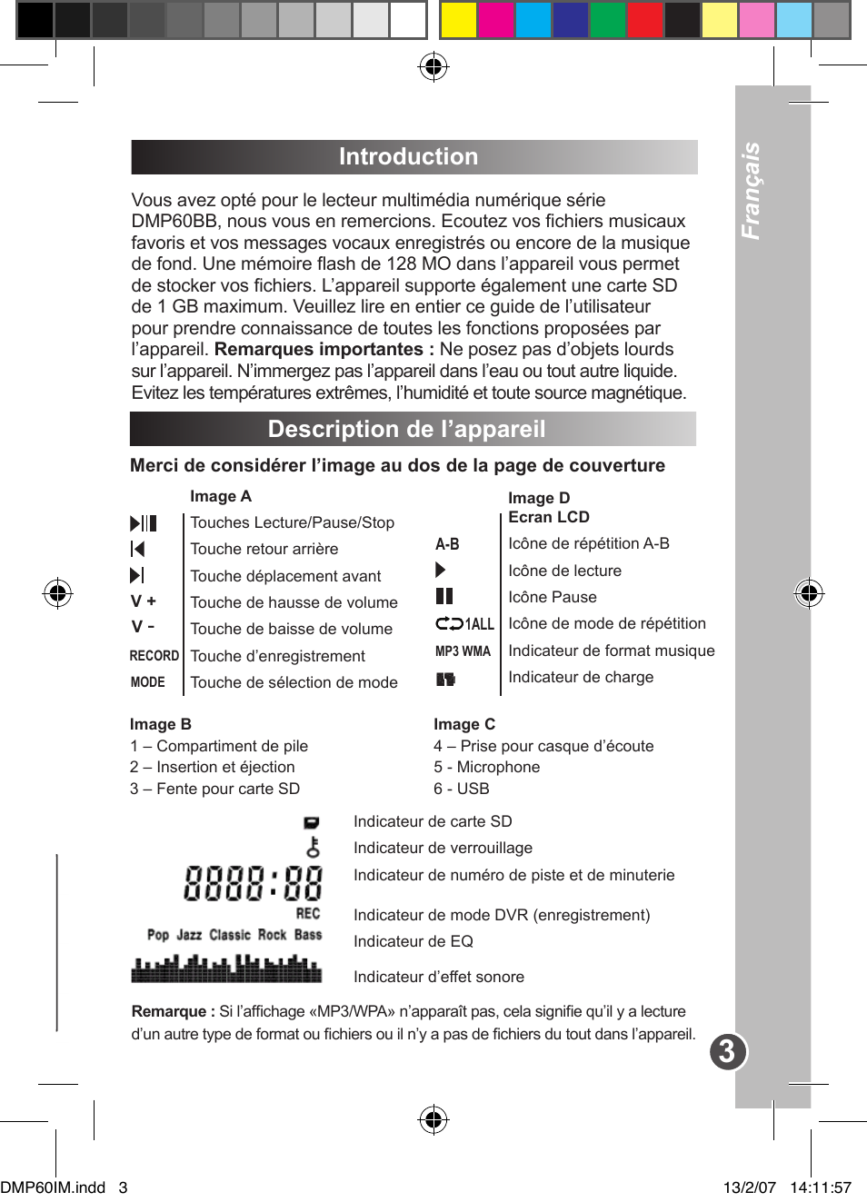 Introduction, Description de l’appareil, Français | Lexibook DMP60BB User Manual | Page 3 / 44