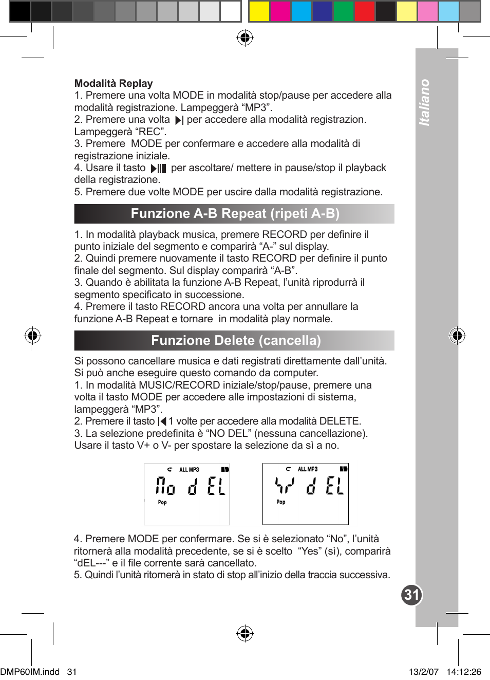 Modalità registrazione, Funzione a-b repeat (ripeti a-b), Funzione delete (cancella) | Italiano | Lexibook DMP60BB User Manual | Page 31 / 44