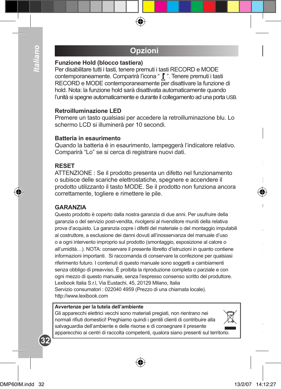 Opzioni einleitung, Produktbeschreibung, Deutsch italiano | Lexibook DMP60BB User Manual | Page 32 / 44