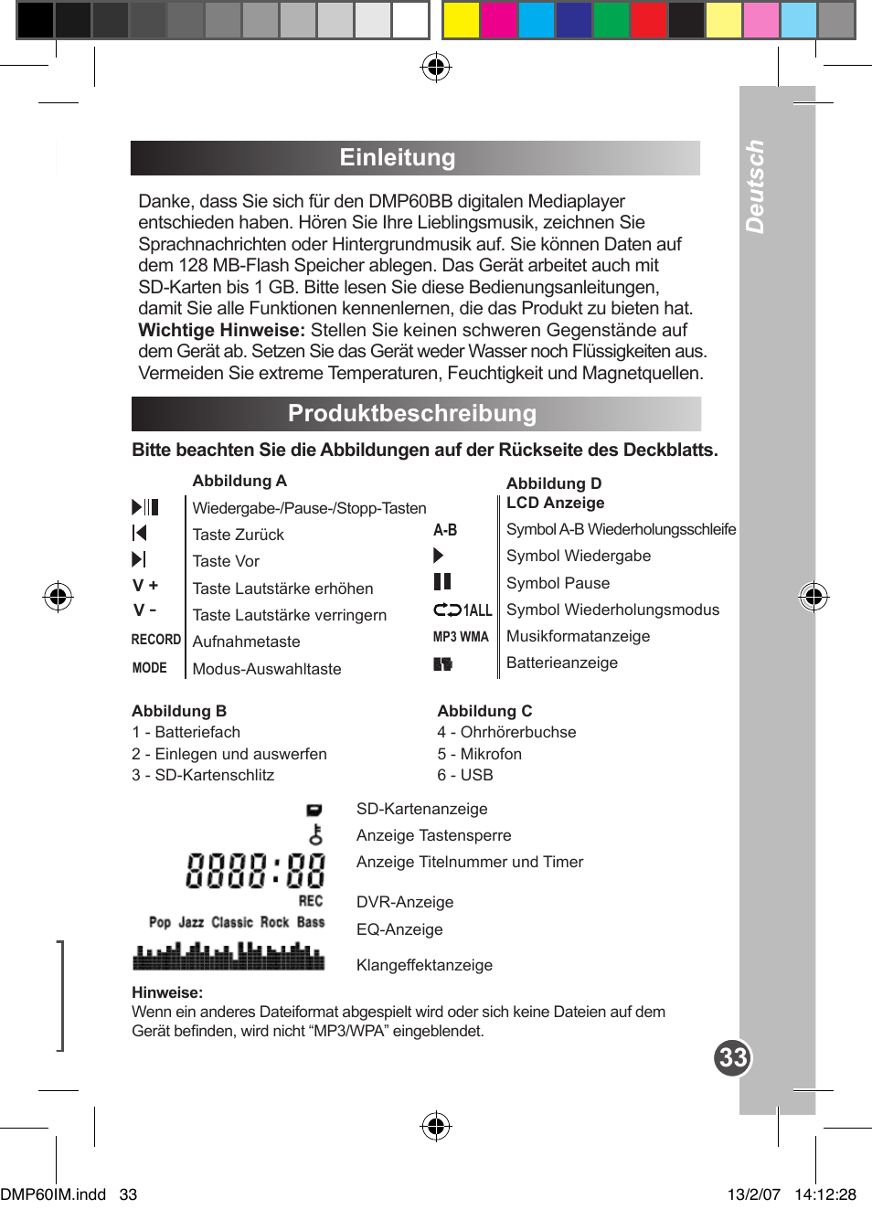 Opzioni einleitung, Produktbeschreibung, Deutsch italiano | Lexibook DMP60BB User Manual | Page 33 / 44
