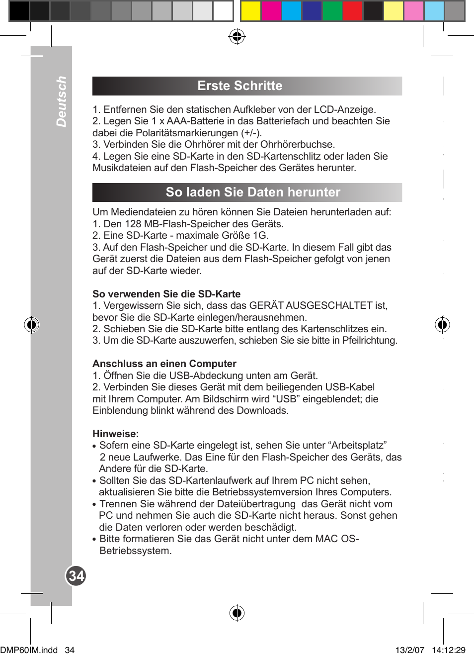 Erste schritte, So laden sie daten herunter, Deutsch | Lexibook DMP60BB User Manual | Page 34 / 44