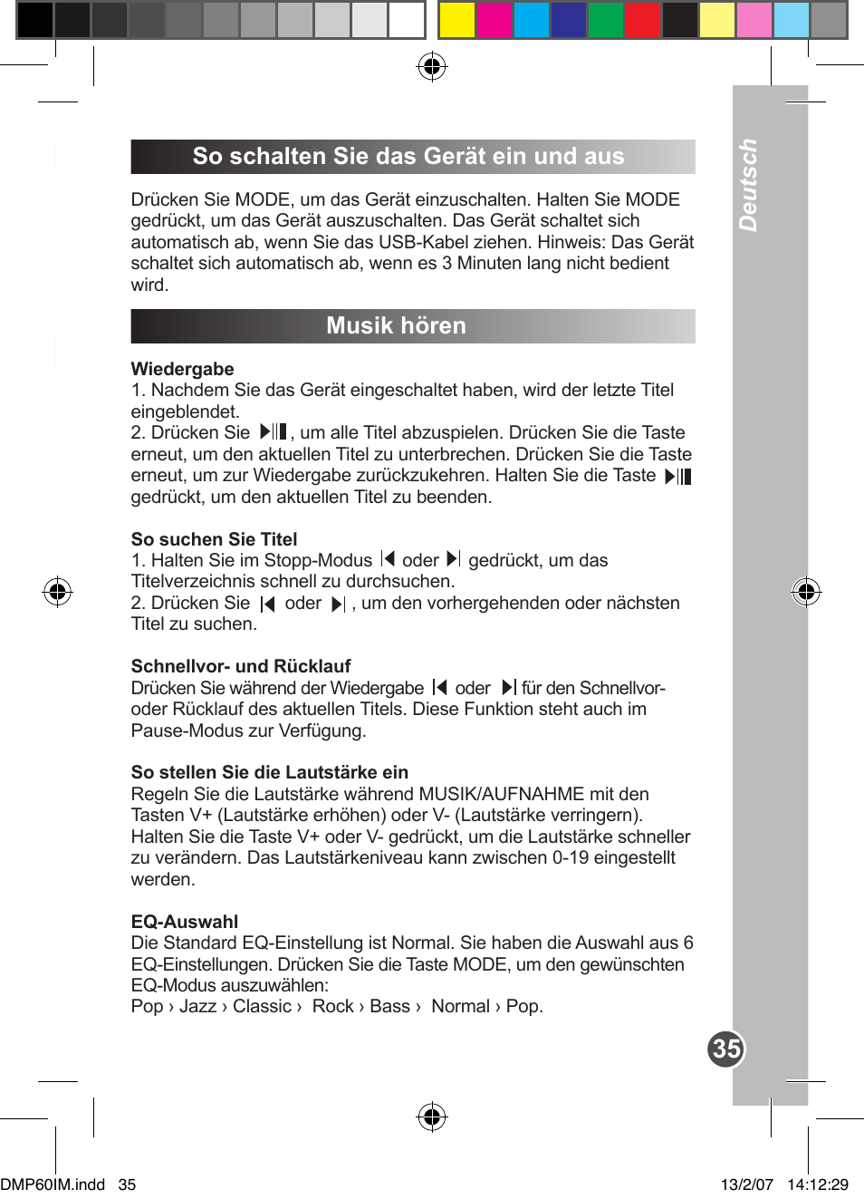 Musik hören, Deutsch | Lexibook DMP60BB User Manual | Page 35 / 44