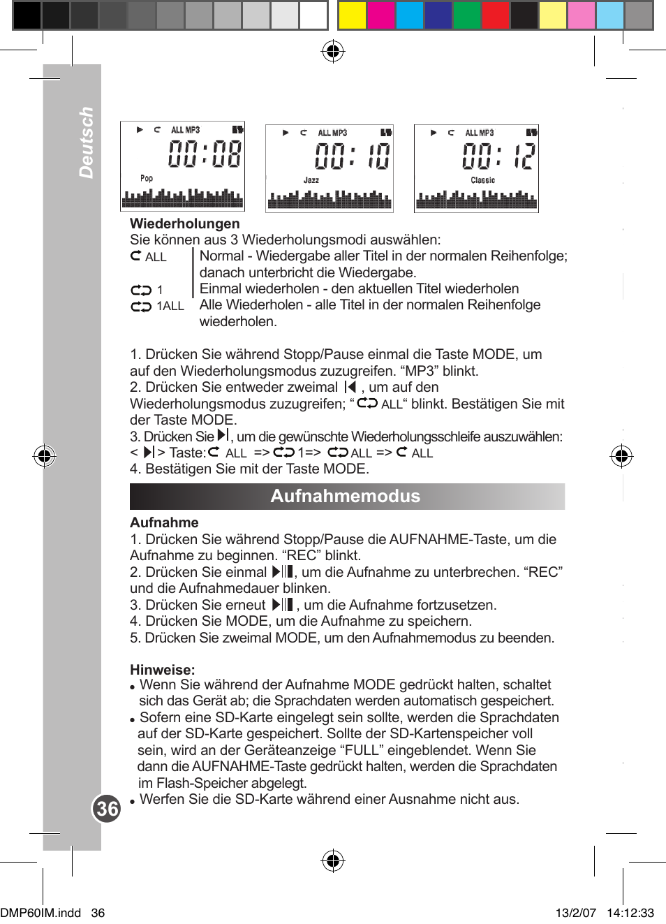 A-b wiederholung, Löschen, Deutsch | Lexibook DMP60BB User Manual | Page 36 / 44