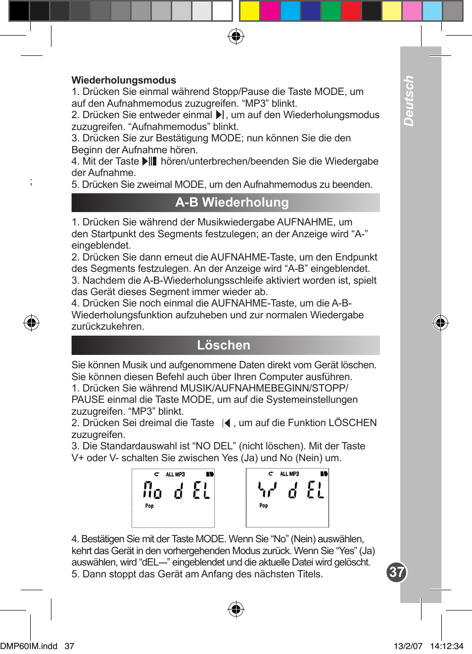 A-b wiederholung, Löschen, Deutsch | Lexibook DMP60BB User Manual | Page 37 / 44