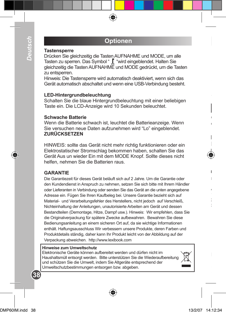 Optionen, Nederlands deutsch, Inleiding | Omschrijving van het product | Lexibook DMP60BB User Manual | Page 38 / 44