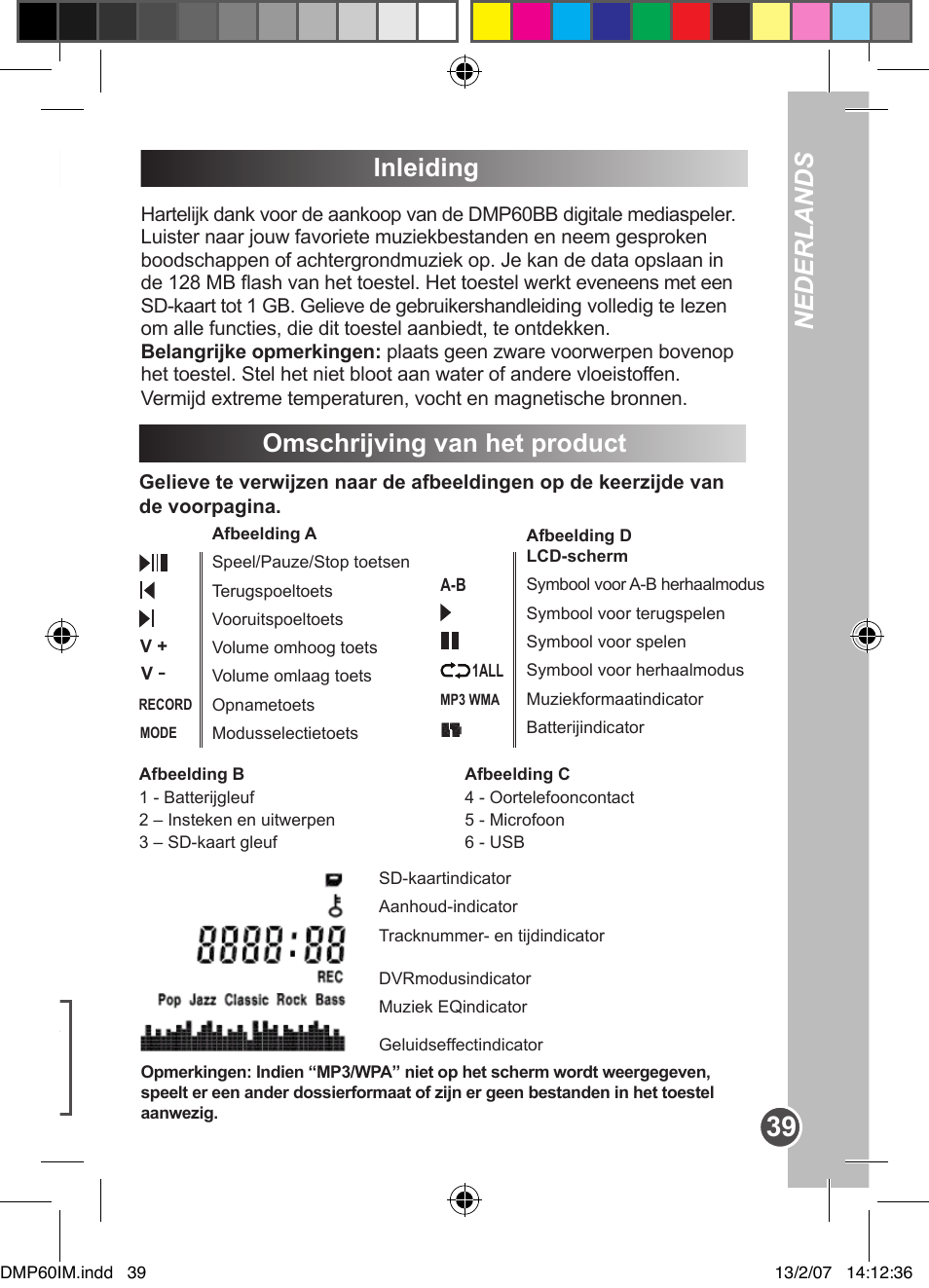 Optionen, Nederlands deutsch, Inleiding | Omschrijving van het product | Lexibook DMP60BB User Manual | Page 39 / 44