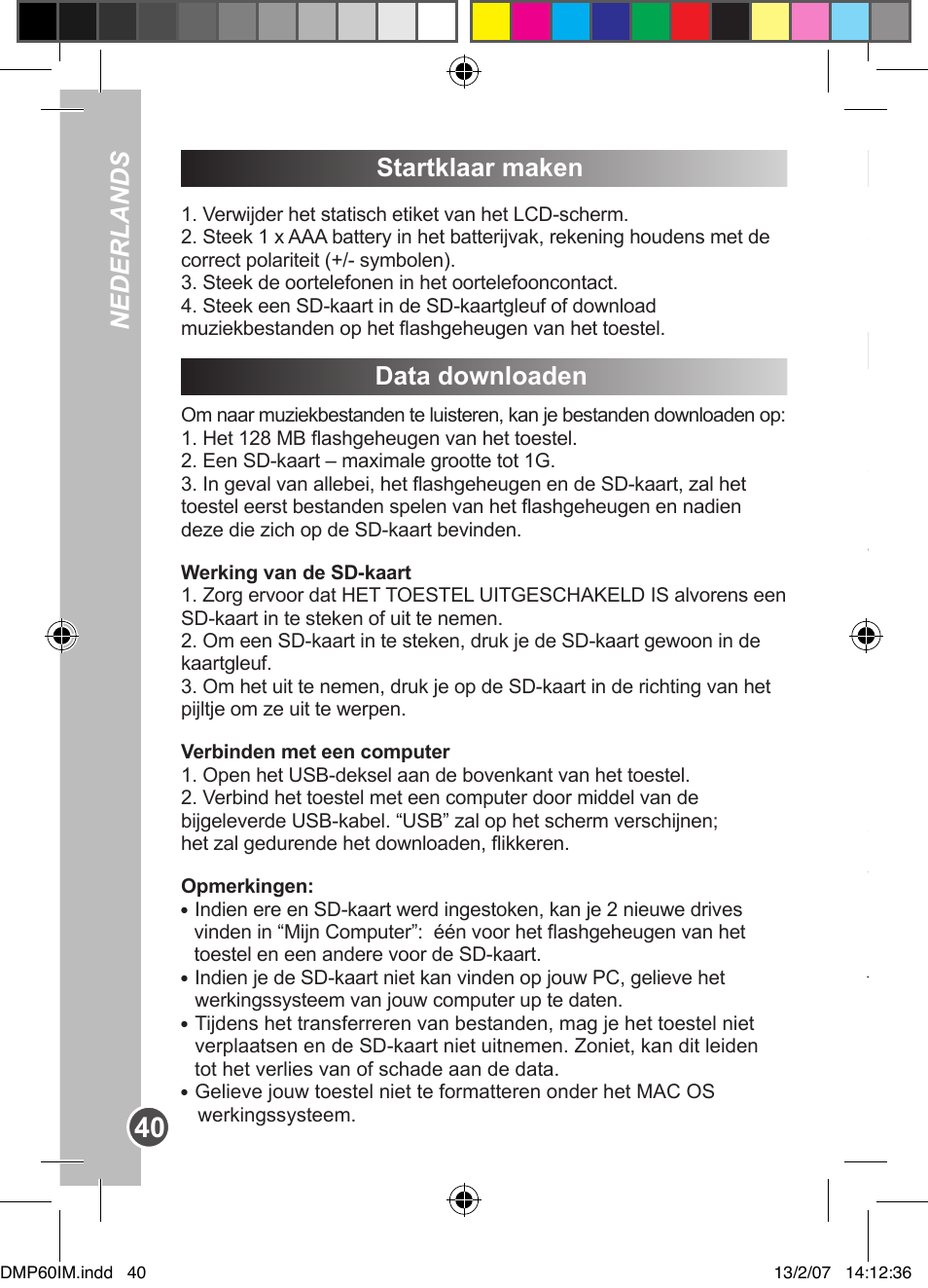 Startklaar maken, Data downloaden, Nederlands | Lexibook DMP60BB User Manual | Page 40 / 44