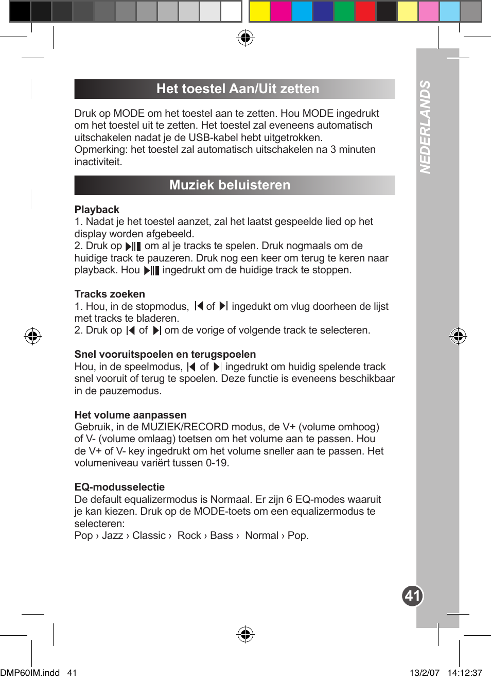 Data downloaden het toestel aan/uit zetten, Muziek beluisteren, Nederlands | Lexibook DMP60BB User Manual | Page 41 / 44