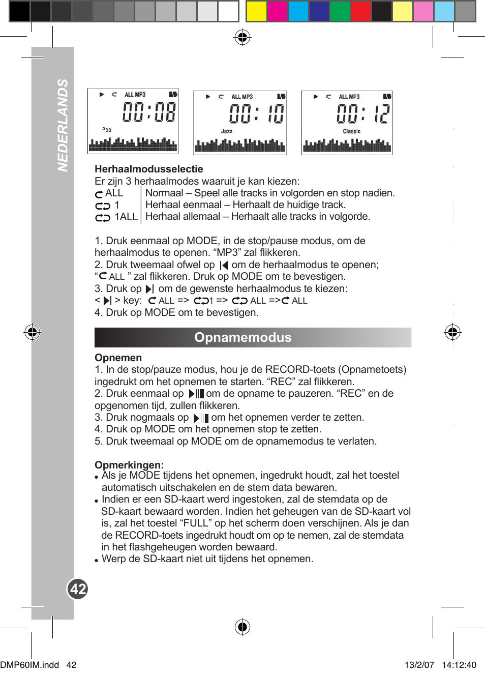 A-b herhaalfunctie, Uitwisfunctie, Nederlands | Lexibook DMP60BB User Manual | Page 42 / 44