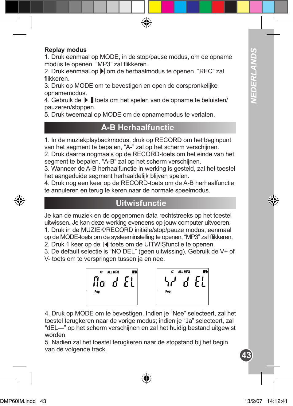 A-b herhaalfunctie, Uitwisfunctie, Nederlands | Lexibook DMP60BB User Manual | Page 43 / 44