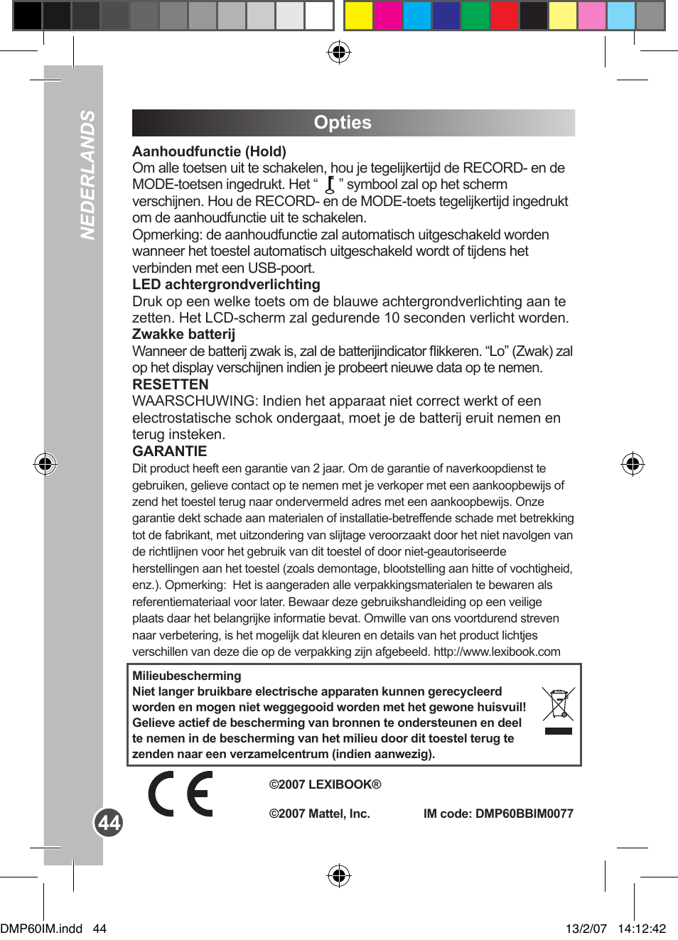 Opties, Nederlands | Lexibook DMP60BB User Manual | Page 44 / 44