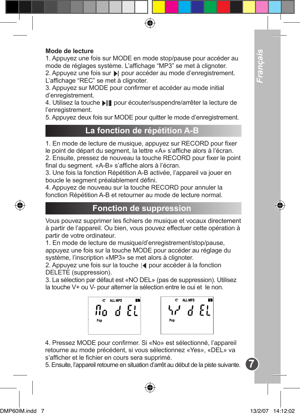 Mode d’enregistrement, La fonction de répétition a-b, Fonction de suppression français français | Lexibook DMP60BB User Manual | Page 7 / 44
