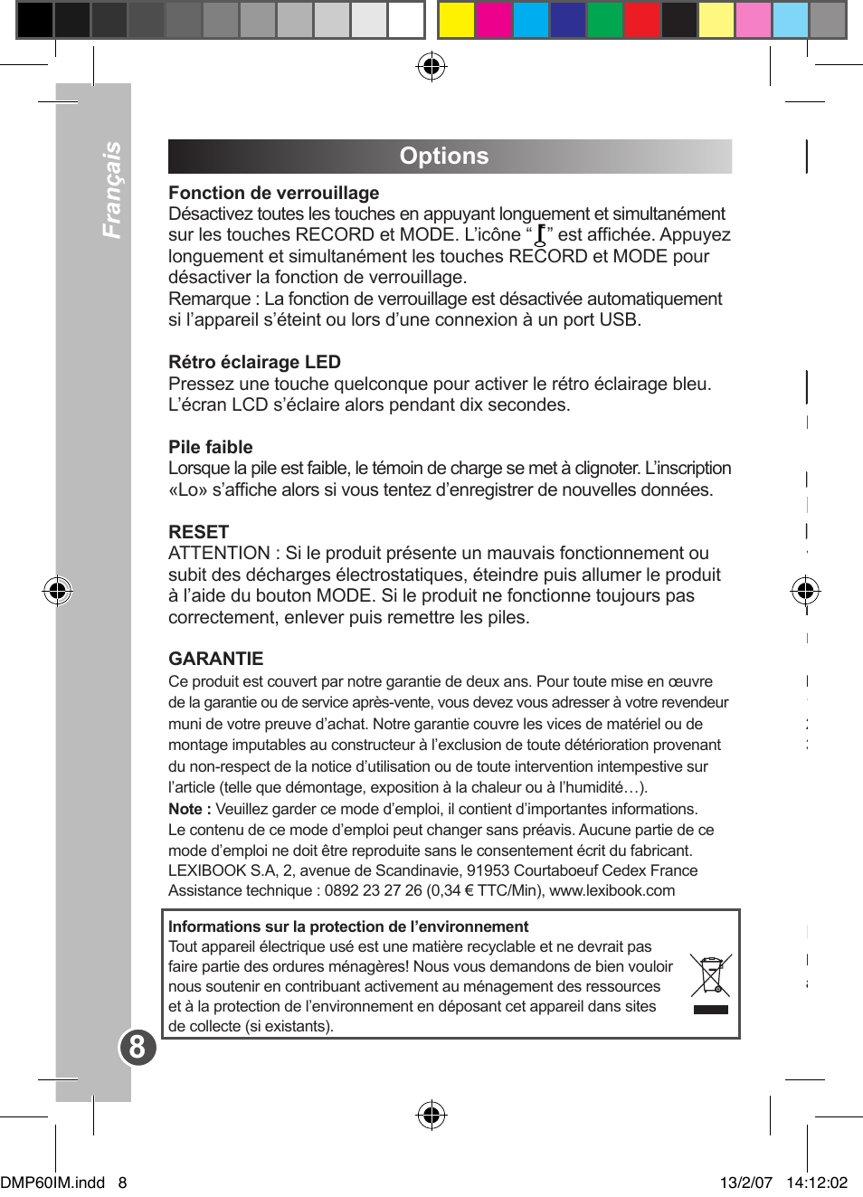 English français, Options introduction, Product description | Lexibook DMP60BB User Manual | Page 8 / 44