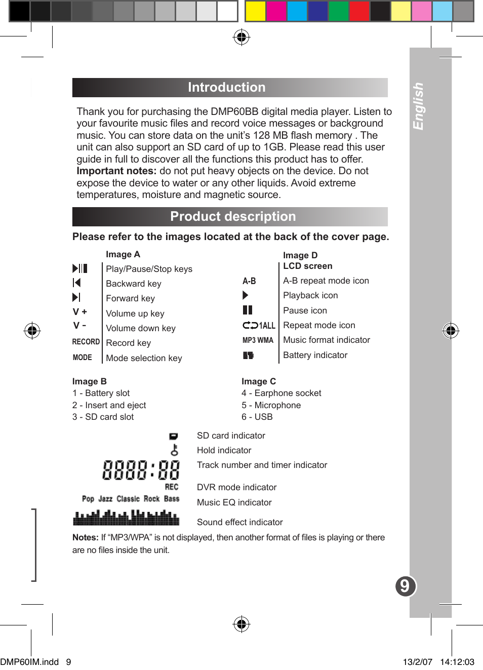 English français, Options introduction, Product description | Lexibook DMP60BB User Manual | Page 9 / 44