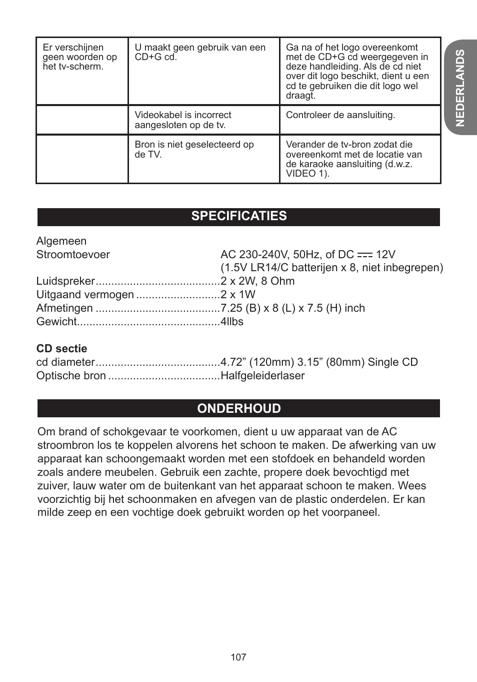 Onderhoud specificaties | Lexibook K5000HM User Manual | Page 107 / 108