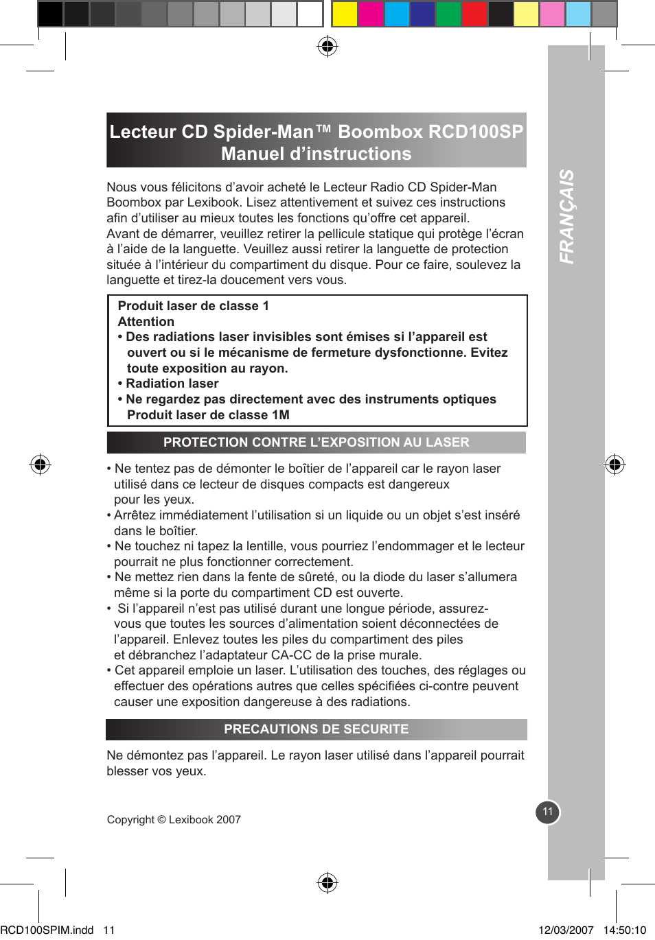 Français | Lexibook RCD100SP User Manual | Page 11 / 62