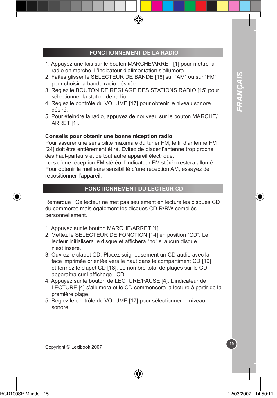 Français | Lexibook RCD100SP User Manual | Page 15 / 62