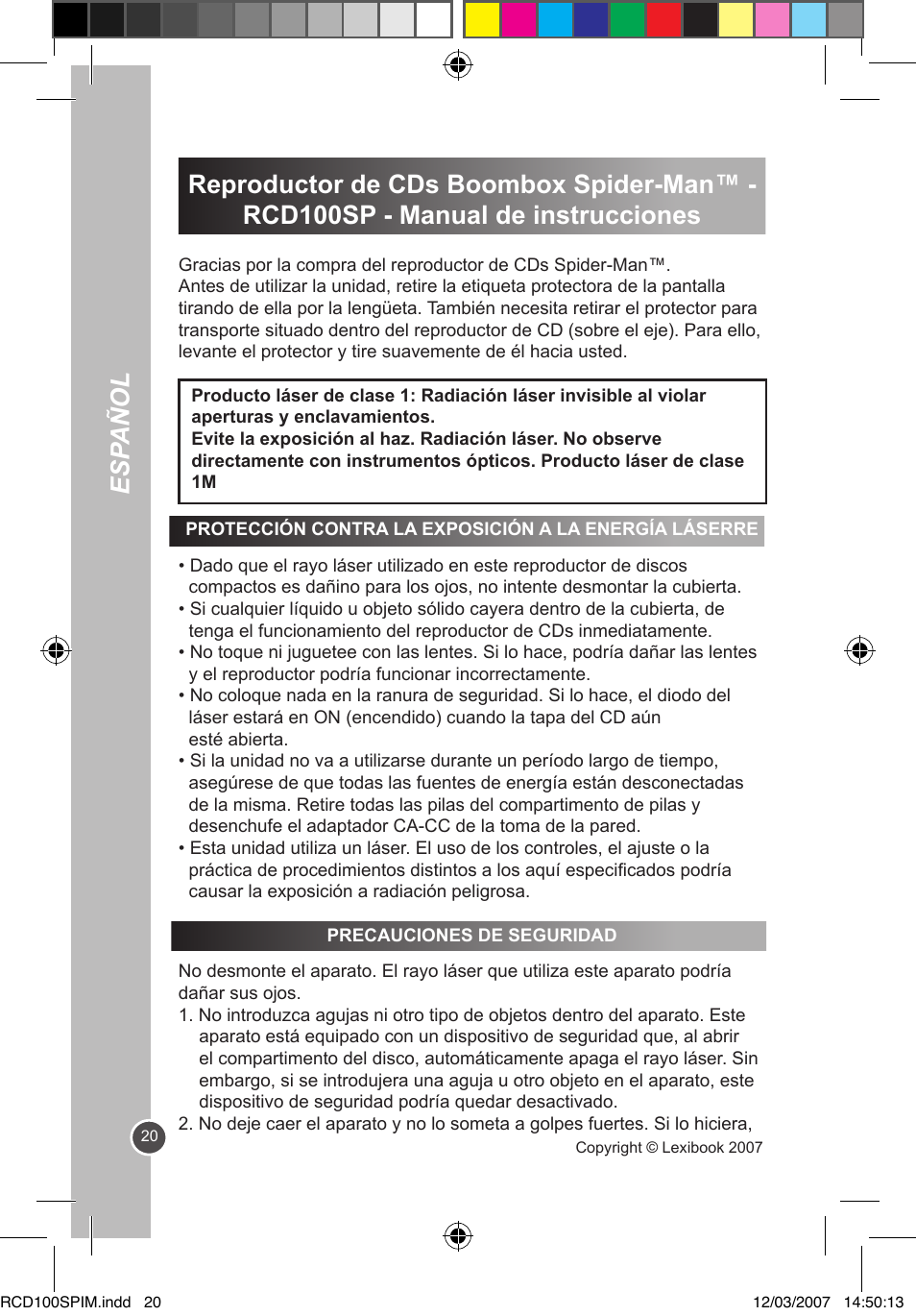 Esp añol | Lexibook RCD100SP User Manual | Page 20 / 62