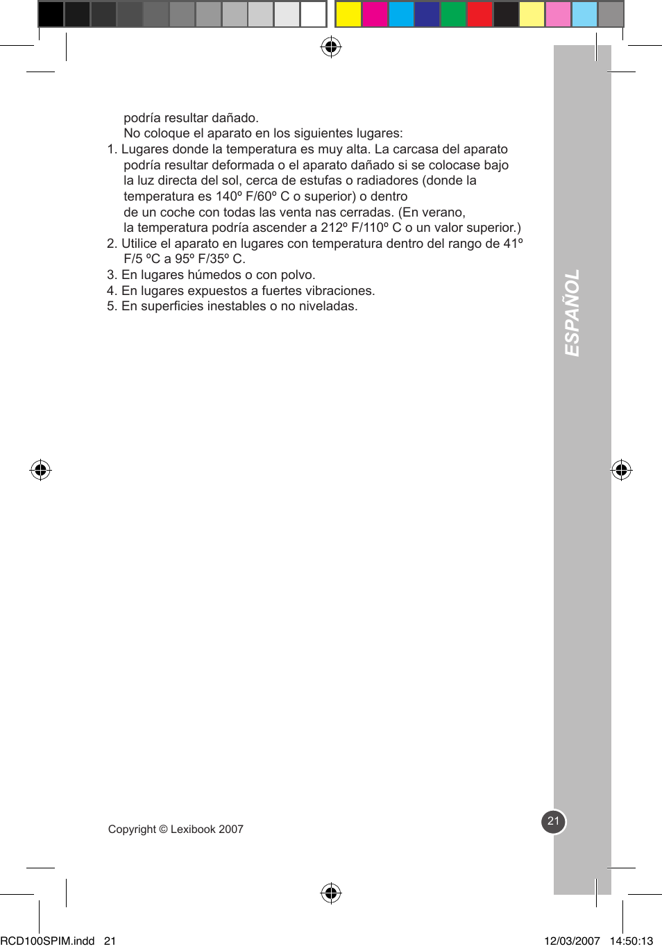 Esp añol | Lexibook RCD100SP User Manual | Page 21 / 62