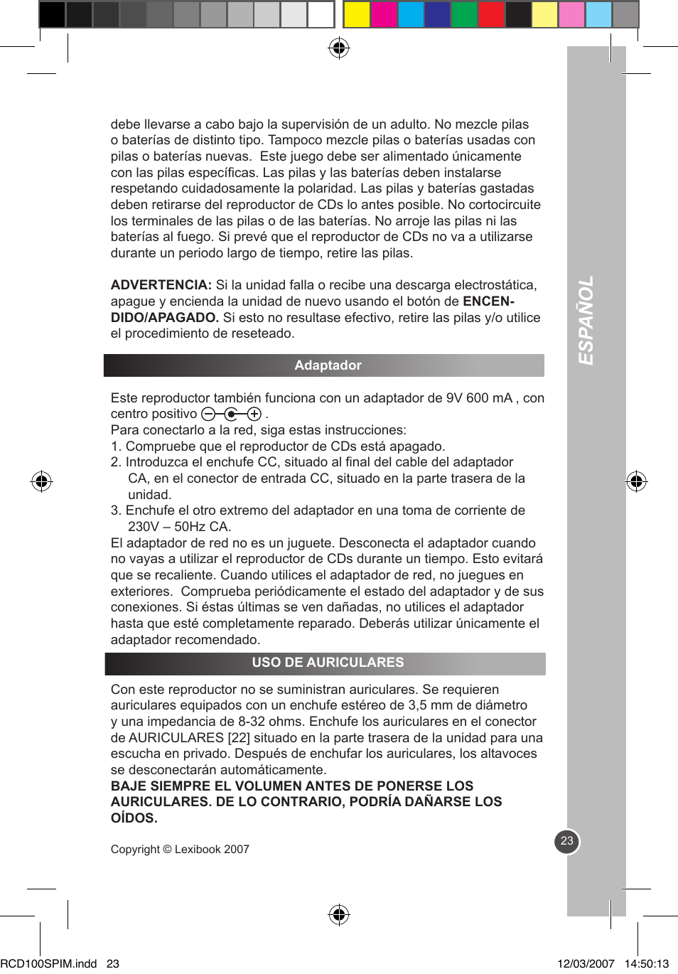 Esp añol | Lexibook RCD100SP User Manual | Page 23 / 62