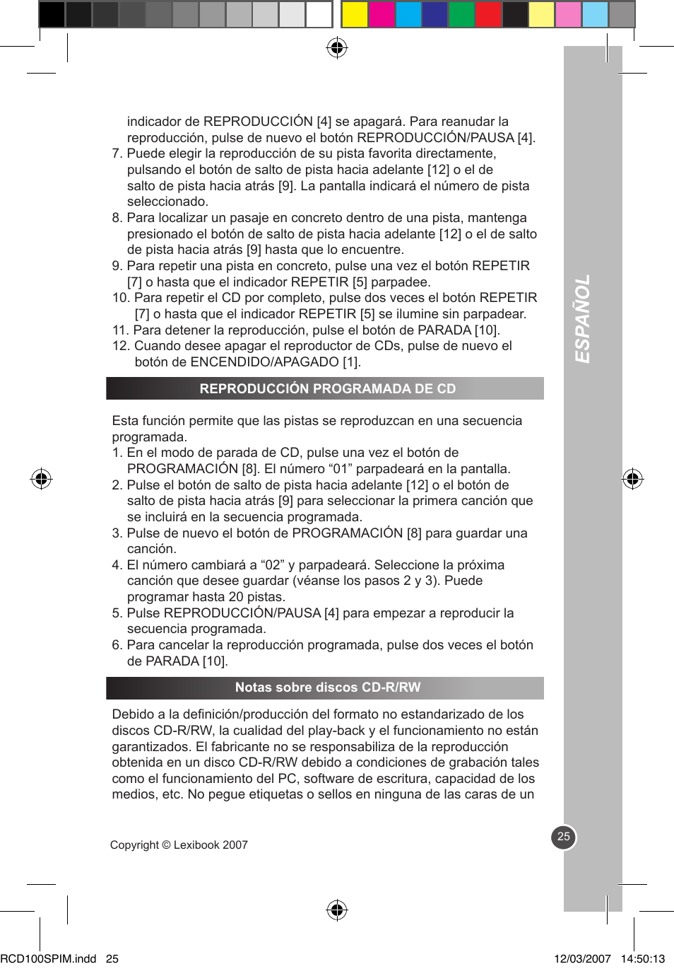 Esp añol | Lexibook RCD100SP User Manual | Page 25 / 62