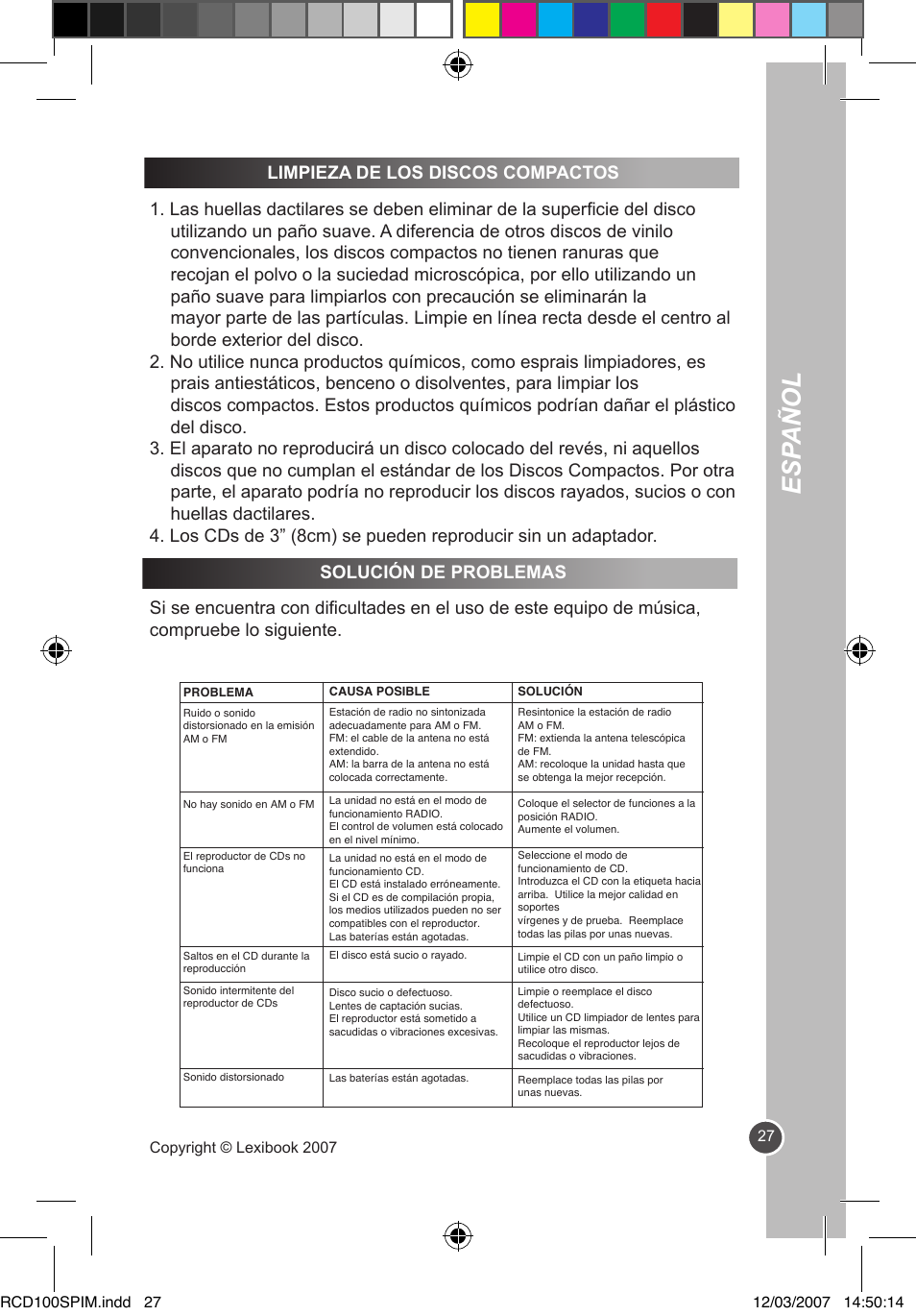 Esp añol | Lexibook RCD100SP User Manual | Page 27 / 62