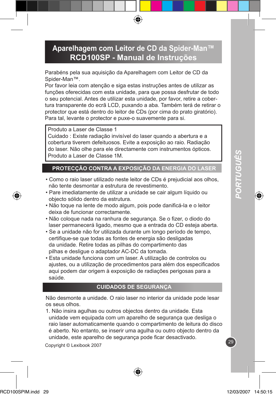 Por tuguês | Lexibook RCD100SP User Manual | Page 29 / 62