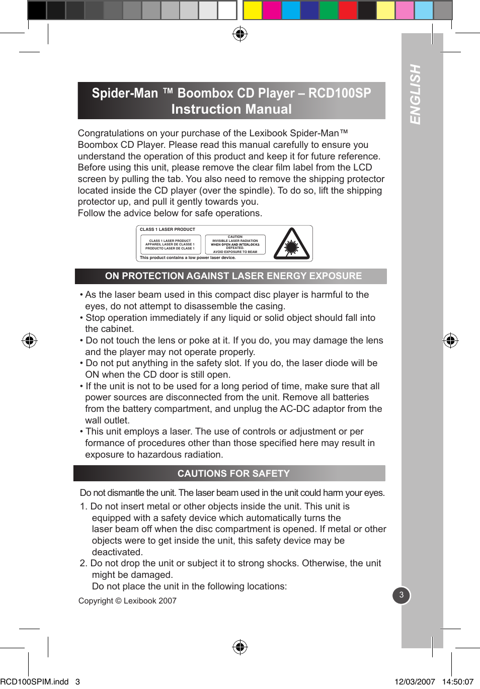 English | Lexibook RCD100SP User Manual | Page 3 / 62