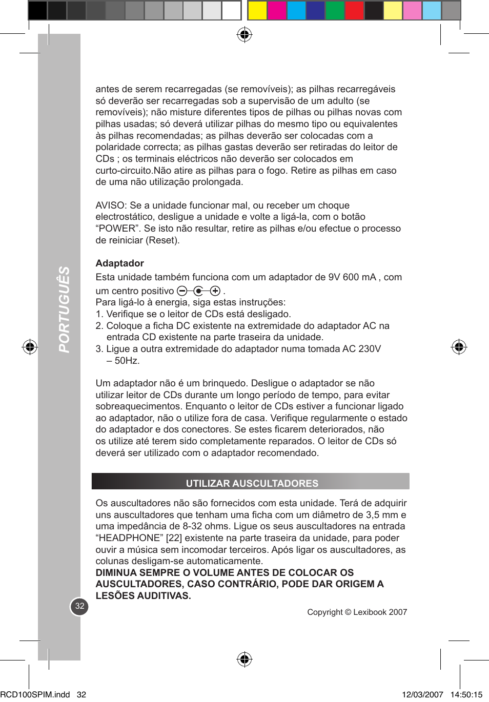 Por tuguês | Lexibook RCD100SP User Manual | Page 32 / 62